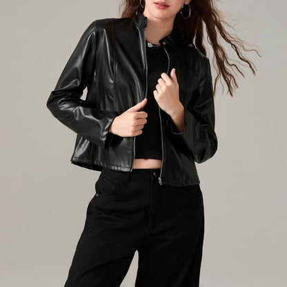 Women's Faux Leather Jacket Slim Moto Biker Jacket Outerwear Long Slee