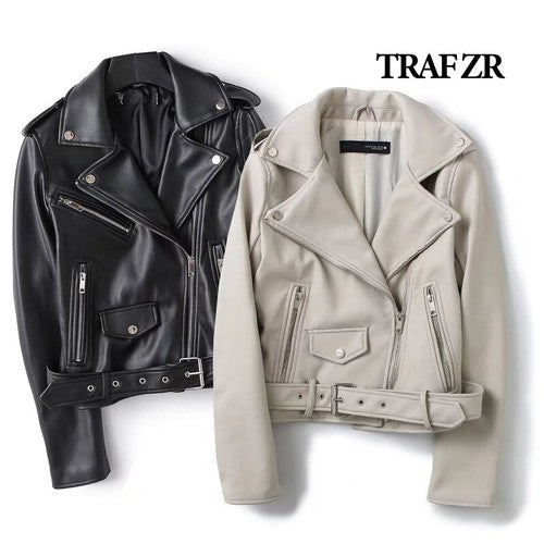 TRAF ZR Woman Faux Fur Coat Zipper Leather Jackets Perfecto Leather Ne