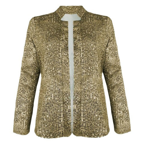 Women's Fashion Sequin Blazer – Long Sleeve Slim Fit Open Front Cardigan Jacket, Gold