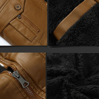 Men's Outdoor Sport Motorcycle Leather Jacket Solid Color Zipper Stand