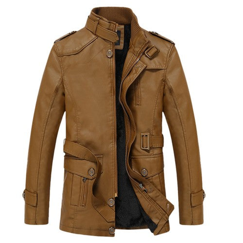 Men's Outdoor Sport Motorcycle Leather Jacket Solid Color Zipper Stand