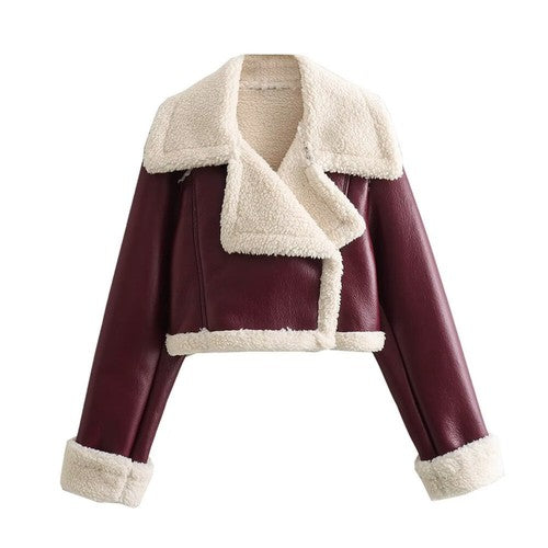 Women's Cropped Wool Blend Bomber Jacket – Turn-Down Collar, Zipper, Sizes XS–XL, 7 Colors
