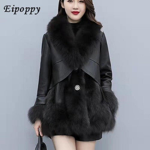 Women's Korean-Style Faux Fox Fur Slim-Fit Mid-Length Leather Coat Fur