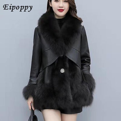 Women's Korean-Style Faux Fox Fur Slim-Fit Mid-Length Leather Coat Fur