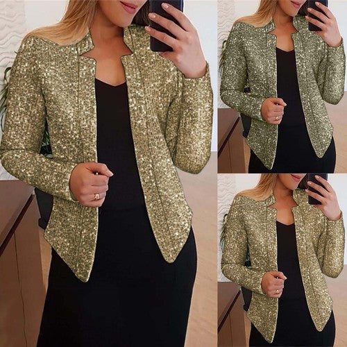 Women's Fashion Sequin Blazer – Long Sleeve Slim Fit Open Front Cardigan Jacket, Gold