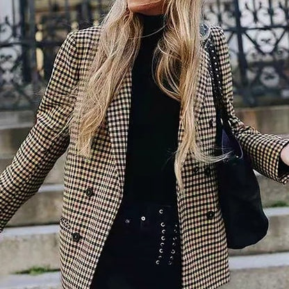 Ladies' Autumn And Winter Double Breasted Lapel Long Sleeved Checkered