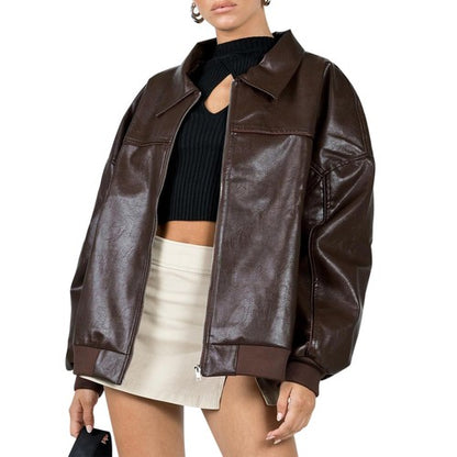 Women s Faux Leather Moto Jacket Stylish Lightweight Zip-Up Coat with