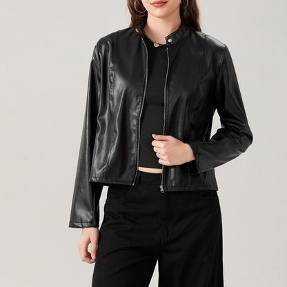 Women's Faux Leather Jacket Slim Moto Biker Jacket Outerwear Long Slee