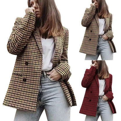 Ladies' Autumn And Winter Double Breasted Lapel Long Sleeved Checkered