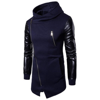 Gothic Men Fashion Hooded Sweatshirts PU Leather Patchwork Side Zipper