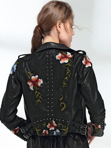 Ftlzz Women Floral Print Embroidery Faux Soft Leather Jacket Coat  Tur