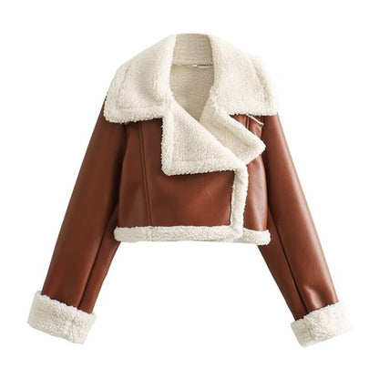 Women's Cropped Wool Blend Bomber Jacket – Turn-Down Collar, Zipper, Sizes XS–XL, 7 Colors
