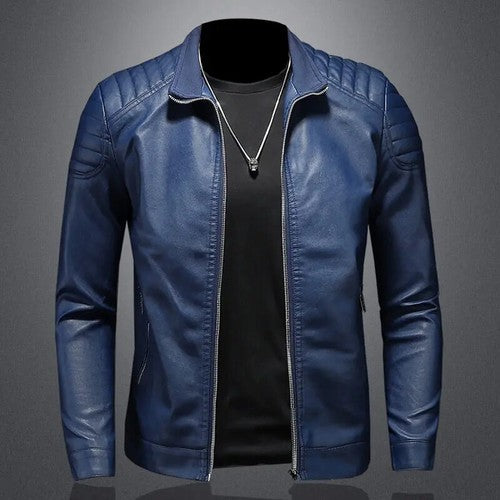 Men's Motorcycle PU Leather Jacket – Turn Down Collar, Slim Fit, Autumn Winter, Blue