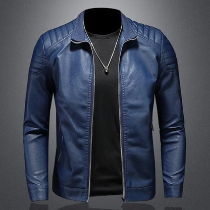 Men's Motorcycle PU Leather Jacket – Turn Down Collar, Slim Fit, Autumn Winter, Blue