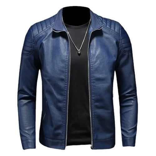 Men's Motorcycle PU Leather Jacket – Turn Down Collar, Slim Fit, Autumn Winter, Blue