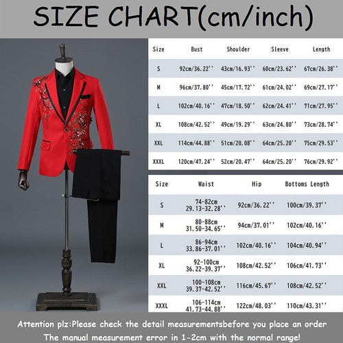 Floral Embroider Men's Suits Singer Nightclub Wedding Party Host One B