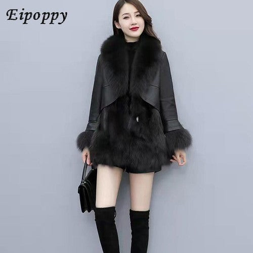 Women's Korean-Style Faux Fox Fur Slim-Fit Mid-Length Leather Coat Fur