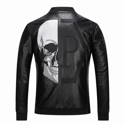 Men'S Trendy Skull Head Embroidery Pu Leather Baseball Collar Jacket R