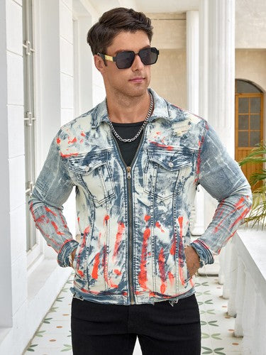 Men's fashion stretch jacket, full stripe print, fashion wash, pattern