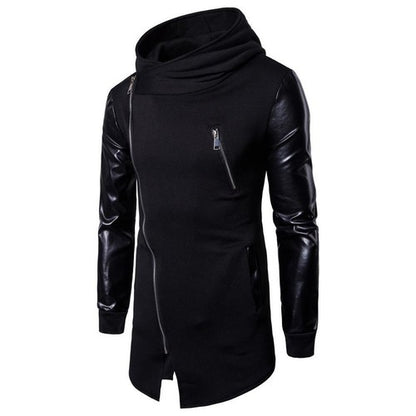 Gothic Men Fashion Hooded Sweatshirts PU Leather Patchwork Side Zipper