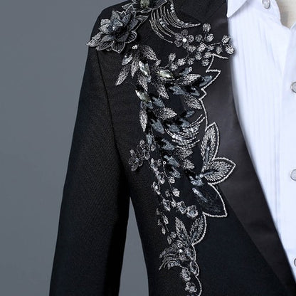 Floral Embroider Men's Suits Singer Nightclub Wedding Party Host One B