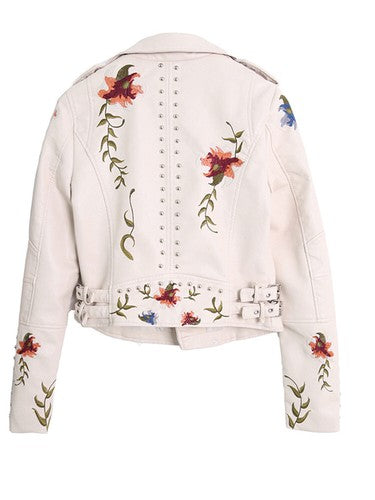 Ftlzz Women Floral Print Embroidery Faux Soft Leather Jacket Coat  Tur