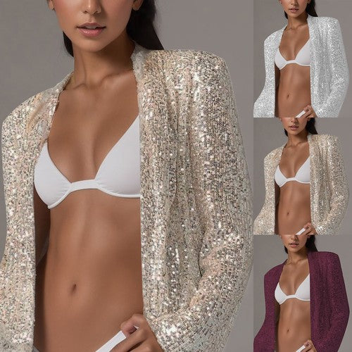 Women's Sequin Blazer Silver Glitter Long Sleeve Suit Jacket for Women