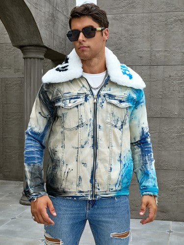 Men's fashion stretch jacket, full strip printing, fashion wash, has a