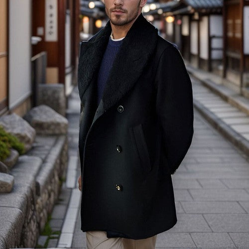 Stylish Men s Wool Pea Coat with Contrast Color Detail Double Breasted