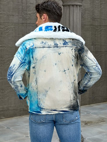Men's fashion stretch jacket, full strip printing, fashion wash, has a