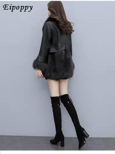 Women's Korean-Style Faux Fox Fur Slim-Fit Mid-Length Leather Coat Fur