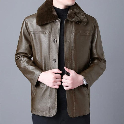 Winter Fur Collar Leather Jacket Men's Button Pu Leather Men Large Siz