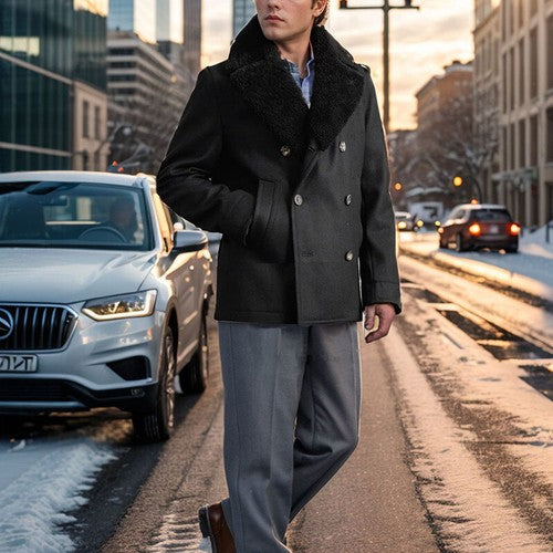 Stylish Men s Wool Pea Coat with Contrast Color Detail Double Breasted