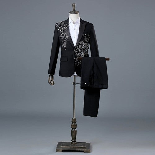 Floral Embroider Men's Suits Singer Nightclub Wedding Party Host One B