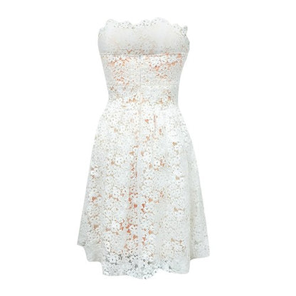 Off Shoulder White Floral Lace Dress Delicate Design Elastic Waist  A-