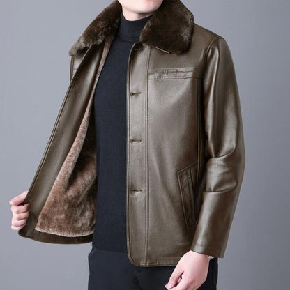 Winter Fur Collar Leather Jacket Men's Button Pu Leather Men Large Siz