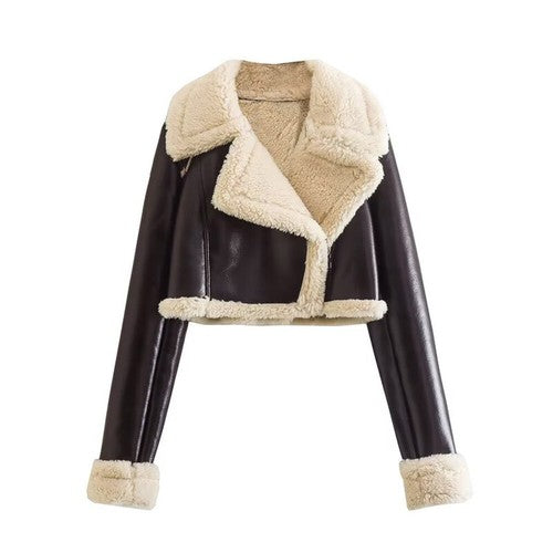 Women's Cropped Wool Blend Bomber Jacket – Turn-Down Collar, Zipper, Sizes XS–XL, 7 Colors