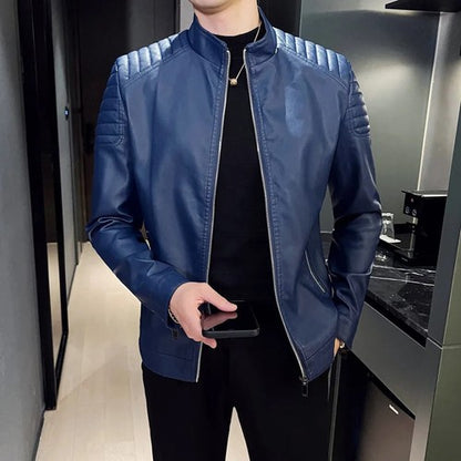 Men's Motorcycle PU Leather Jacket – Turn Down Collar, Slim Fit, Autumn Winter, Blue