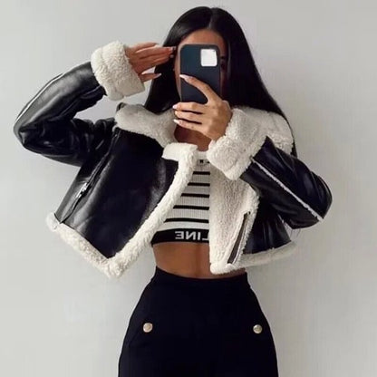 Women's Cropped Wool Blend Bomber Jacket – Turn-Down Collar, Zipper, Sizes XS–XL, 7 Colors