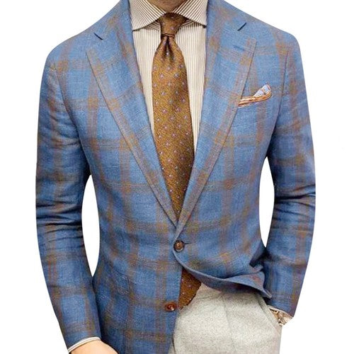 Men s  Fit Blazer Classic Checkered Design Single Color Lapel Long Sle