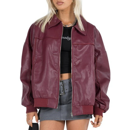 Women s Faux Leather Moto Jacket Stylish Lightweight Zip-Up Coat with