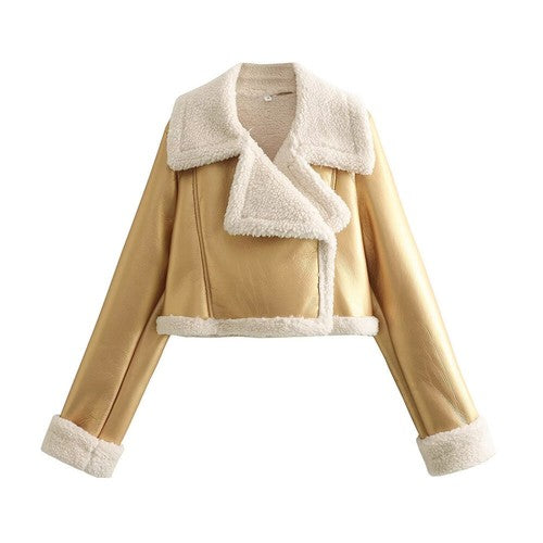 Women's Cropped Wool Blend Bomber Jacket – Turn-Down Collar, Zipper, Sizes XS–XL, 7 Colors