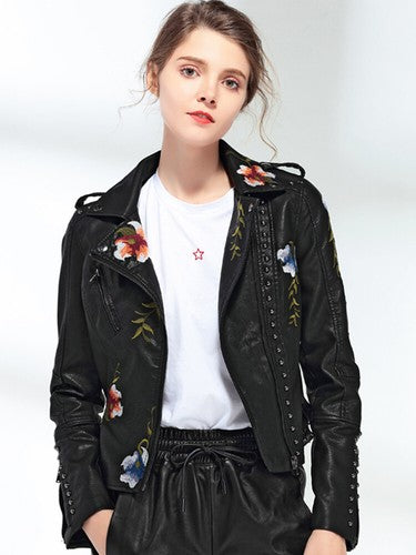 Ftlzz Women Floral Print Embroidery Faux Soft Leather Jacket Coat  Tur