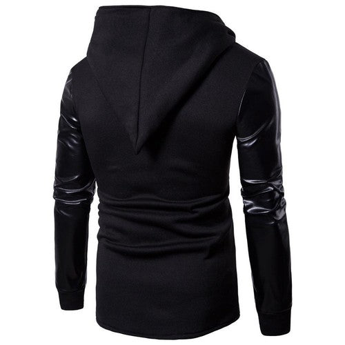 Gothic Men Fashion Hooded Sweatshirts PU Leather Patchwork Side Zipper