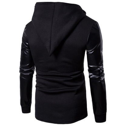 Gothic Men Fashion Hooded Sweatshirts PU Leather Patchwork Side Zipper