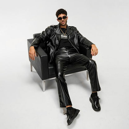 Men s Classic Black Leather Biker Jacket with Quilted Shoulders and Zi