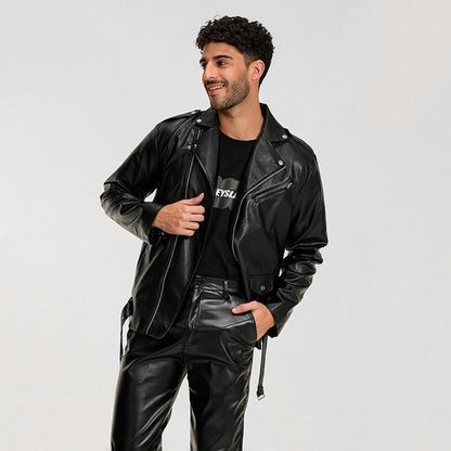 Men s Classic Black Leather Biker Jacket with Quilted Shoulders and Zi
