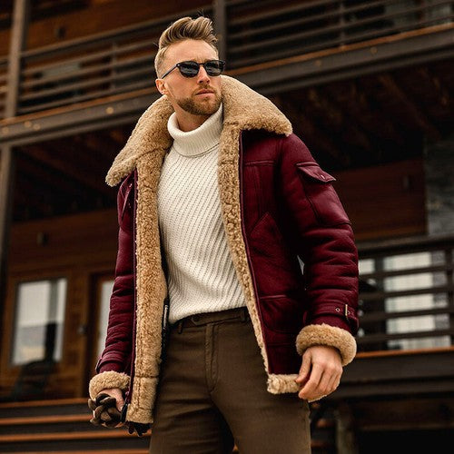 Men s Stylish Leather Jacket with Woolen Fleece Lining Zip Up Closure