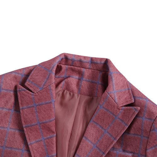 Men s  Fit Blazer Classic Checkered Design Single Color Lapel Long Sle