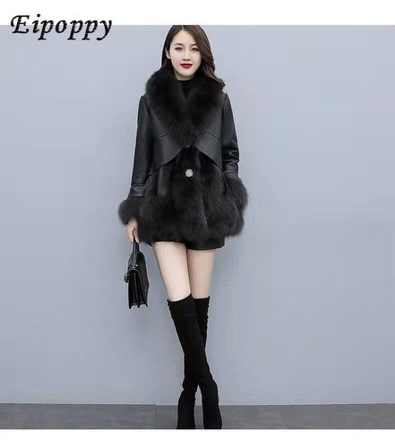 Women's Korean-Style Faux Fox Fur Slim-Fit Mid-Length Leather Coat Fur